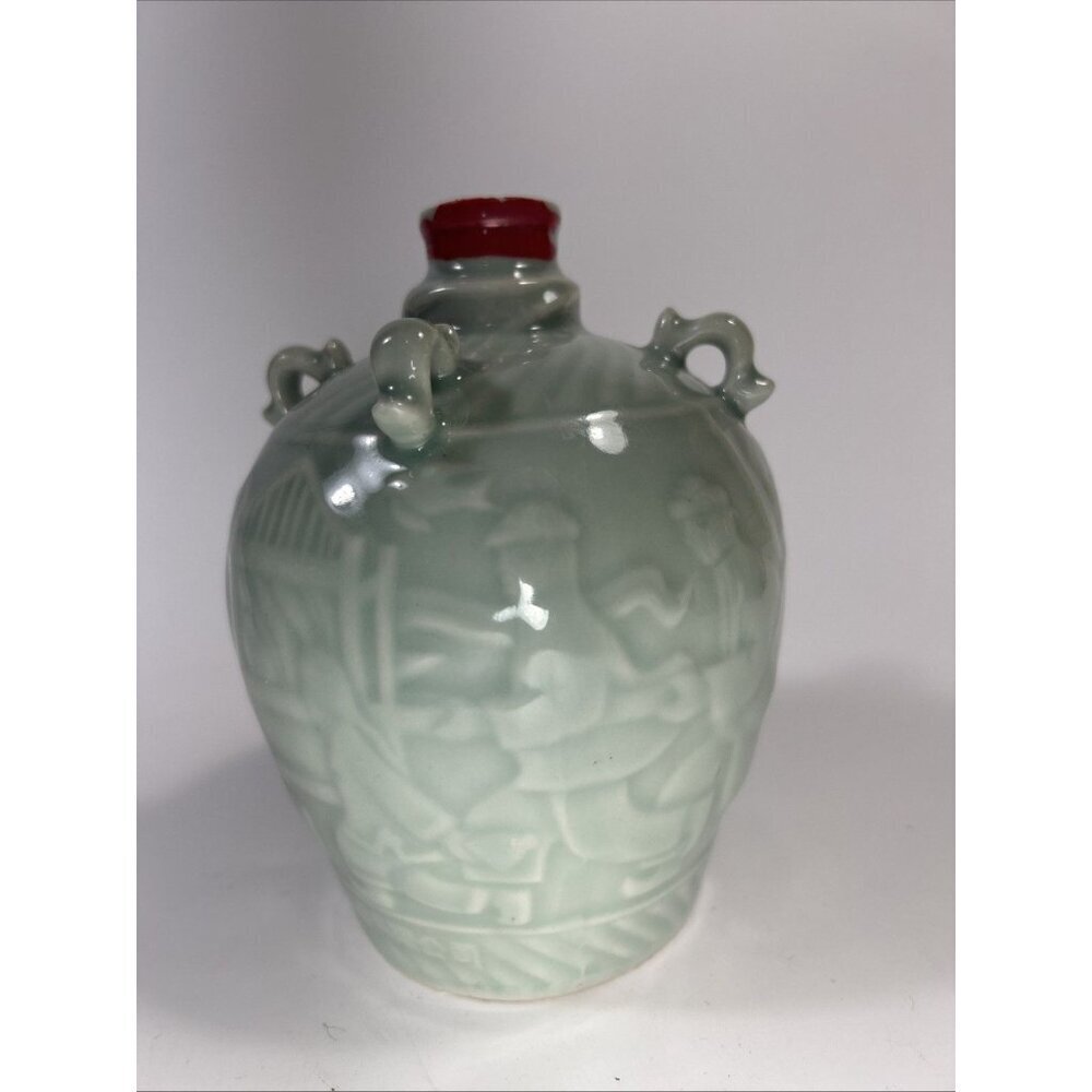 Chinese Glazed Relief Workers Celadon Porcelain Pottery Ginger Jar 5.5”
